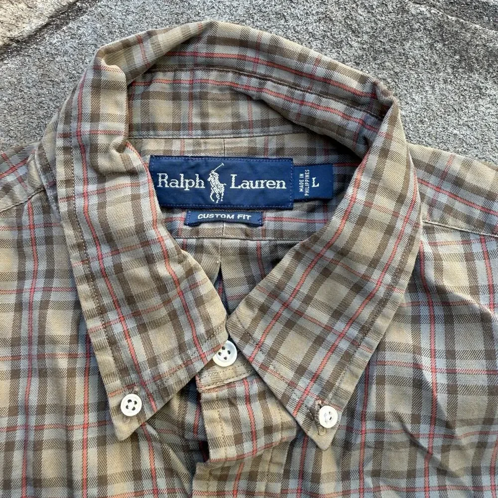 Ralph Lauren Shirt Men Large Brown Olive Plaid Button Up Long Sleeve 100% Cotton